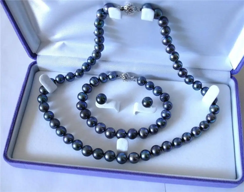 

FREE SHIPPING 07590 Natural Black Akoya Cultured Pearl Bracelet Necklace Earrings Set