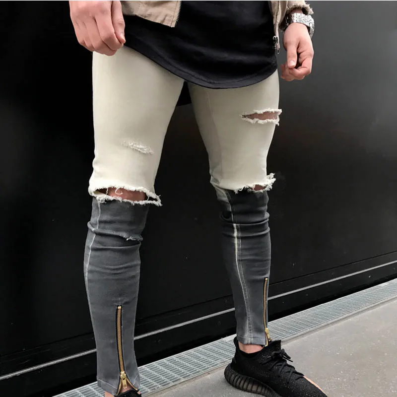 

HOT 2019 Fashion Casual hip hop street High street feet zipper ripped jeans beggar elastic light color patchwork slim trousers
