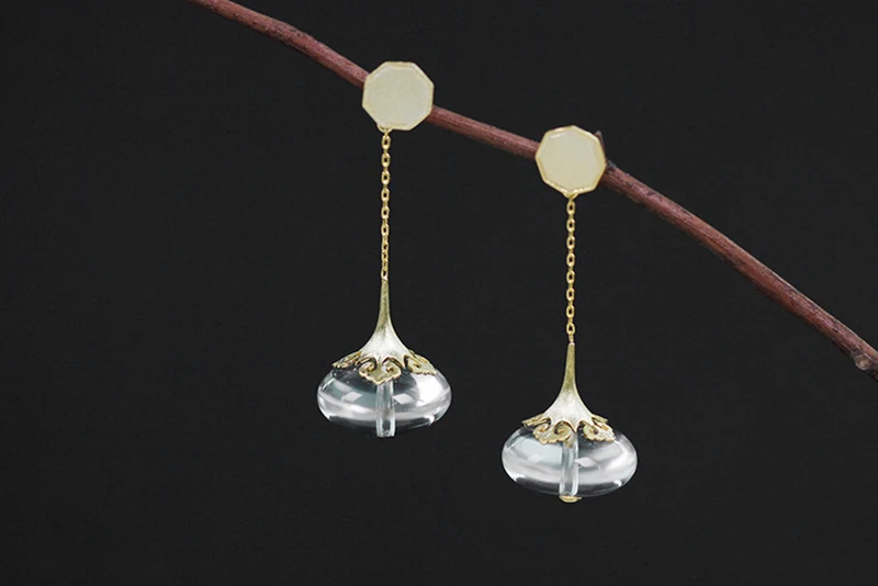Lotus Fun реальные 925 серебро современный китайский Стиль ручной работы дизайнер ювелирных украшений Природный кристалл серьги для женщин