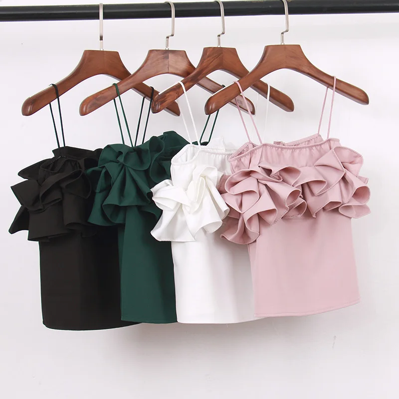 

summer new wooden ear ruffled T-shirt vest camisole solid color backless Slim thin spaghetti strap vest crop pink green white