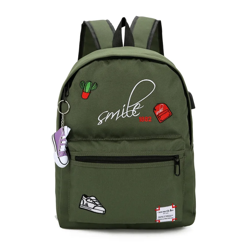 Подростковый Модный женский рюкзак для девочек Школьный рюкзак брезентовый Usb зарядка студенческий школьный женский подростковый рюкзак черный - Цвет: Армейский зеленый