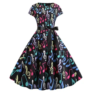 

2019 Women Summer Music Note Print Dress 50s 60s Robe Retro Swing Casual Vintage Sleeveless Party Dresses Vestidos Plus Size