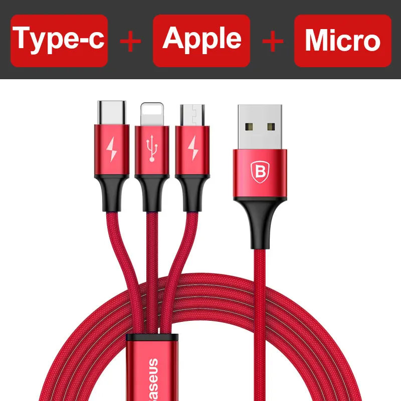 Baseus USB кабель для iPhone Xs Max X Быстрая зарядка зарядное устройство 3 в 1 Micro USB кабель Android usb type c type-c кабели для мобильных телефонов - Цвет: 3 in 1 Red