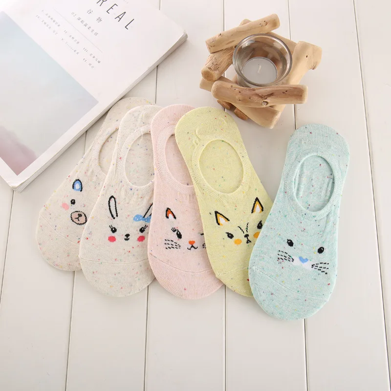 

5 Pair/lot Cotton Woman's Socks Summer Invisible Short Socks Silicone Non Slip Ankle Sock Cute Animal Print Boat Sock FUNCILAC