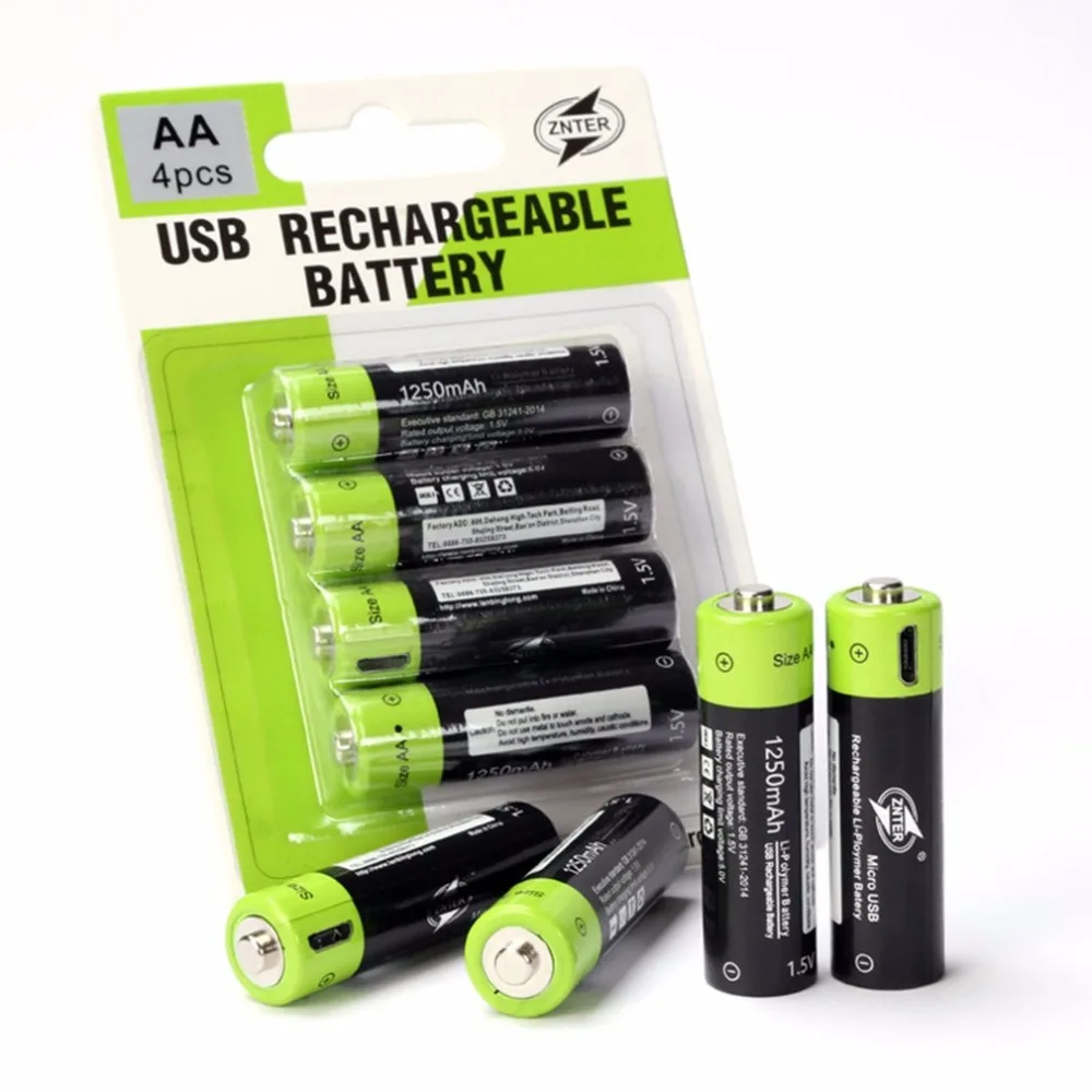 ZNTER AA 1,5 V 1250mAh аккумулятор 2/4 шт Универсальные Аккумуляторы USB перезаряжаемый литий-полимерный аккумулятор заряжается кабелем Micro USB