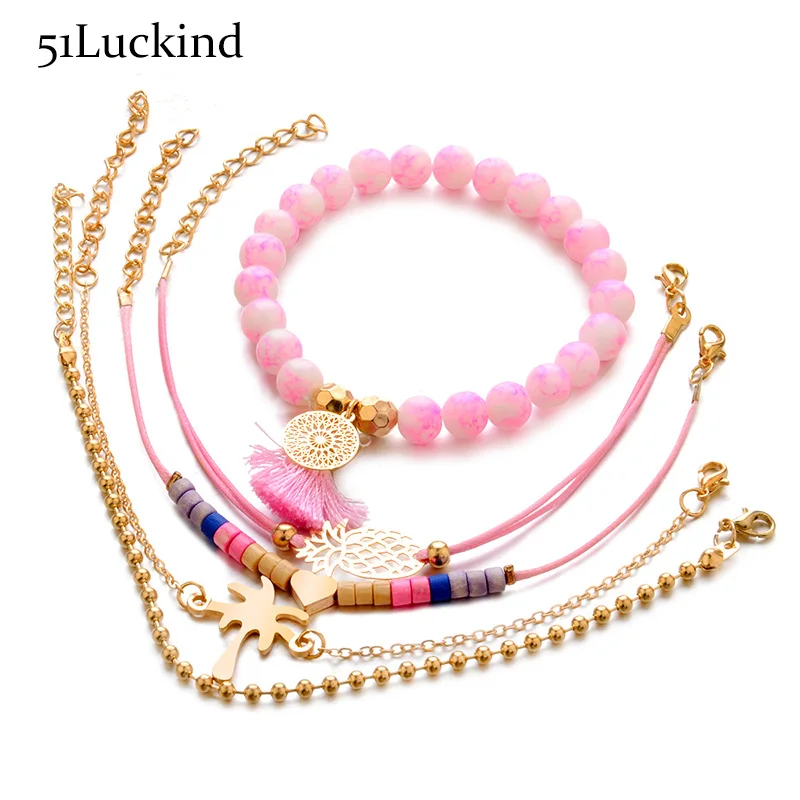 

5 Style/Set Handmade Cute Heart Bracelet Fancy World Pineapple Tree Braslet Set For Women Girls Wristband Jewelry Accessories