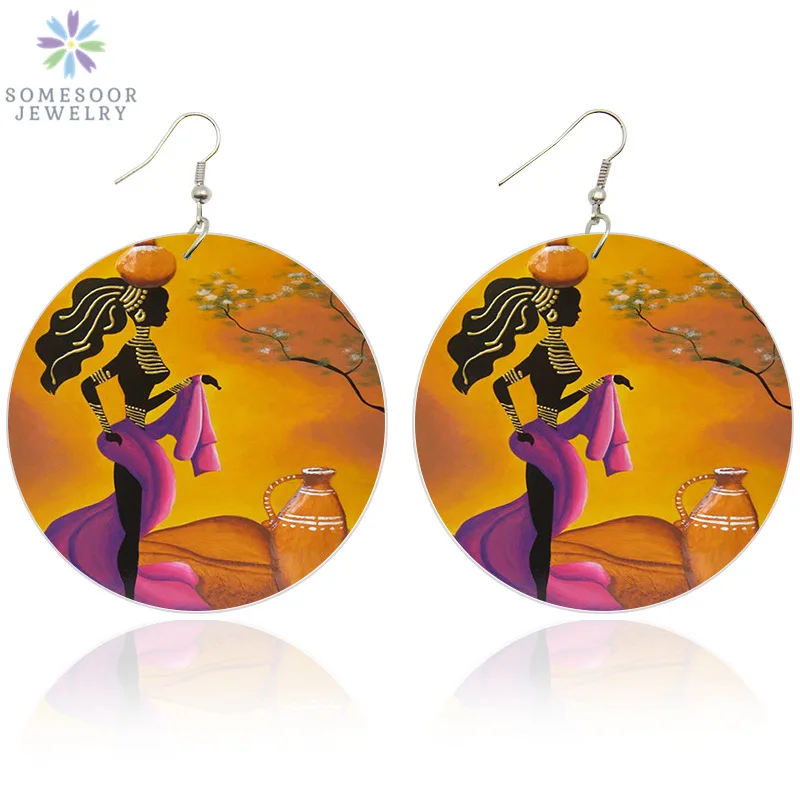 

SOMESOOR Afrocentric Ethnic Wooden Earrings African Black Tribal Artistic Design Both Sides Printed Jewelry For Women Gift 1Pair