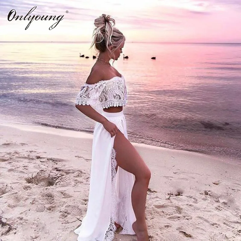 

Onlyoung 2018 Summer Off Shoulder Maxi Dress Slash Neck Crochet Split White Lace Beach Dress Robe Femme