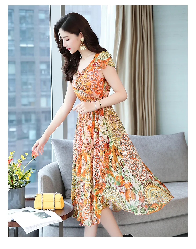 Jielur, женское платье, шифон, модное, корейский стиль, короткий рукав, платья, желтый, цветочный принт, размера плюс, Vestidos, v-образный вырез, летнее платье