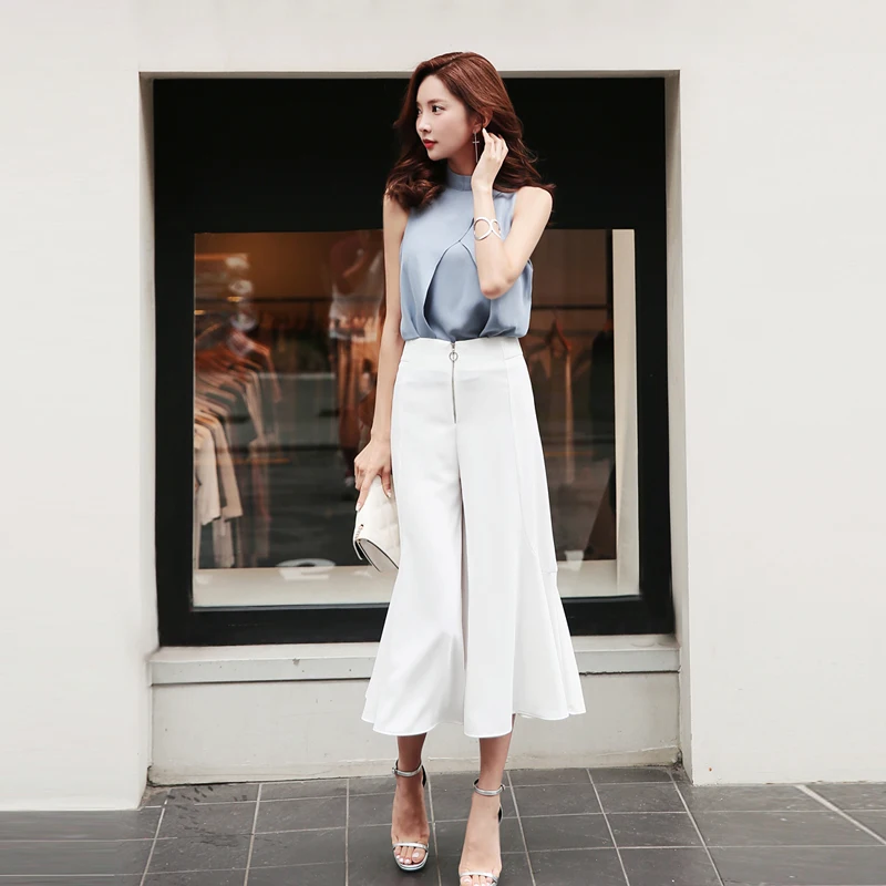 

2 Pieces Set O-neck Sleeveless Blouse and Zipper High Waist Wide Leg Pant Elegant Women Office Ladies Suits Summer Casual Outfit