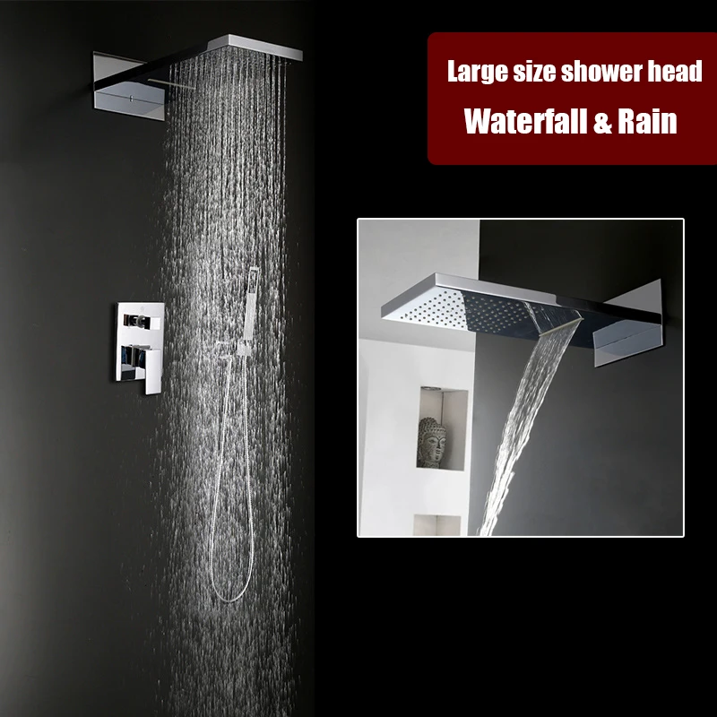 Luxury bathroom waterfall & rain bath shower set brass wall mount 2