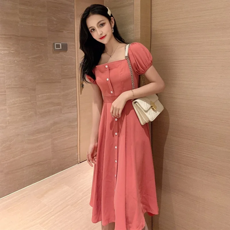 

Summer Autumn Dress Women New French Retro Loose Waist Thin Sexy Square Collar Short Sleeve Student Female Long Dress women