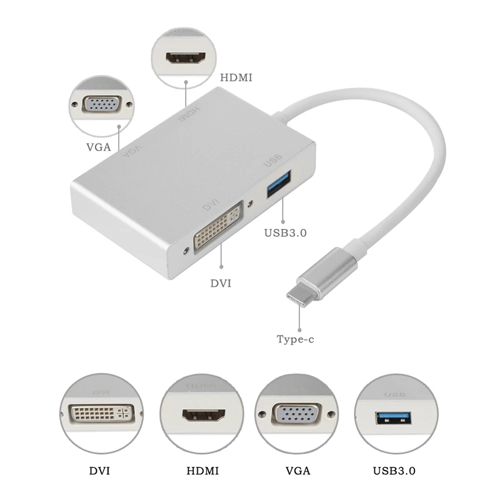4 в 1 Тип C к HDMI VGA DVI USB3.0 адаптер USB 3 кабель конвертера для ноутбука Apple Macbook Google Chromebook