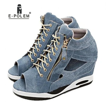 

Women's Casual Sandals Denim Zipper Height Increasing Shoes Sports Wearing Comfortable Solid Color Hollow Out