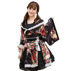 Для взрослых женщин милый Аниме Костюм Горничной Лолита платье с запахом японские девушки сладкий Косплей Цветочные кружевное кимоно