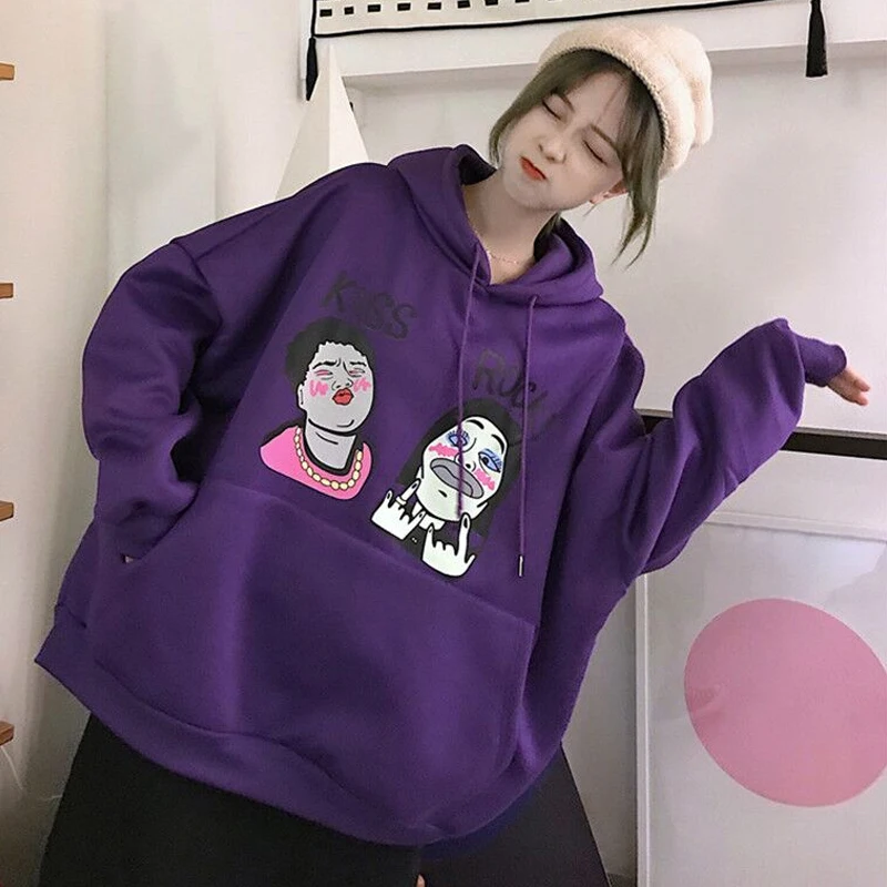

YouGeMan Fashion Sweatshirt Women Autumn Clothing Korean Ulzzang Harajuku Cartoon Loose Hooded Sweatshirts Female Velvet Hoodies
