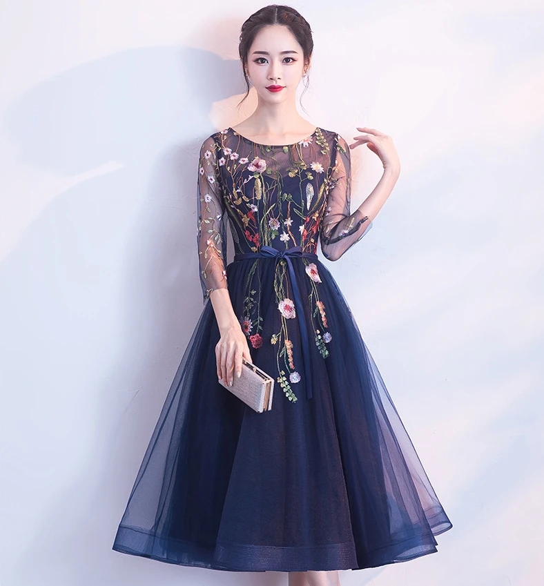 

Cheap Women Navy Blue/Champagne Short Prom Dresses 2019 Sexy Gary Prom Dress Scoop Tulle Embroidery Lace Up Evening Party Gown