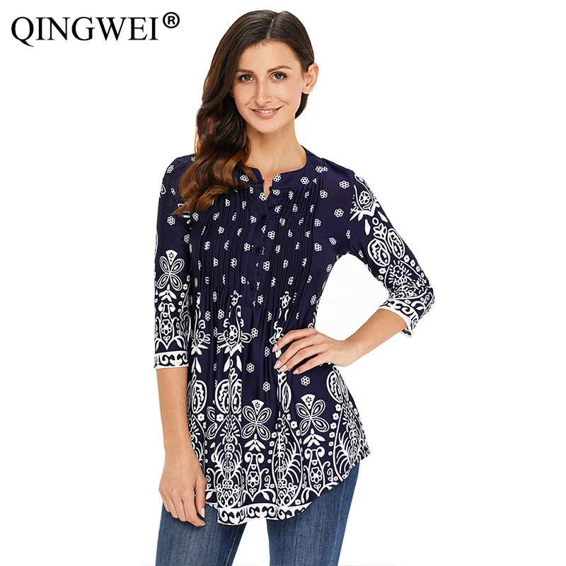 

Large size printing European and American women's long section seven-point sleeves round neck pleated women's shirt S-XXL