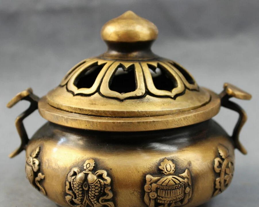 

S3278 Tibet Bronze Buddhist RuYi 8 Auspicious Style Statue Box Incense Burner Censer D0317