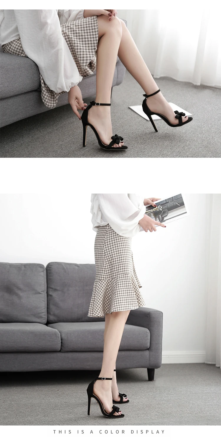 Aneikeh/Новые модные пикантные дизайнерские женские модельные сандалии-гладиаторы из искусственной замши на высоком тонком каблуке с бантом и пряжкой; Цвет Черный