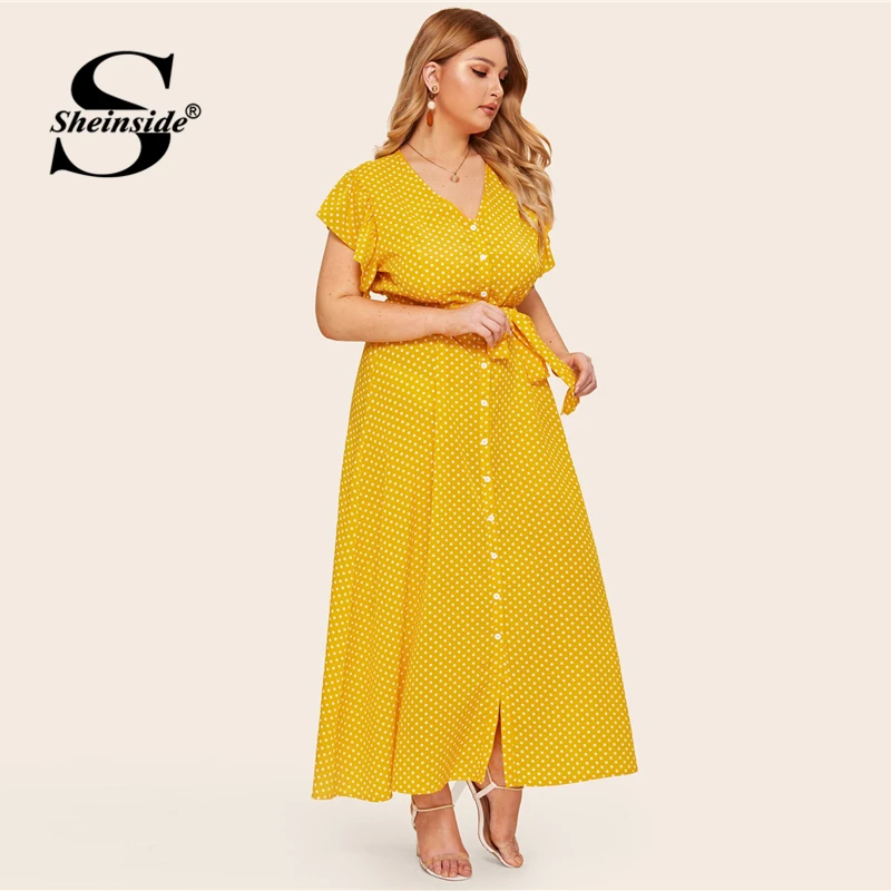 Sheinside Plus Size V Neck Polka Dot Dress Women Summer Flounce Sleeve Shirt Dresses Ladies Button Up Detail Maxi Dress