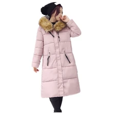 2016 Winter New Women Parka Fur Collar Hooded Down Cotton Coat Long section solid color Coat Parkas Thicken Loose Warm coat