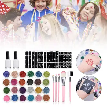 

Temporary Tattoo Body Art Glitter Tattoo Kit 24 Flash Powder 125 Templates 2 Glues 5 Brushes Temporary Tattoos Tools