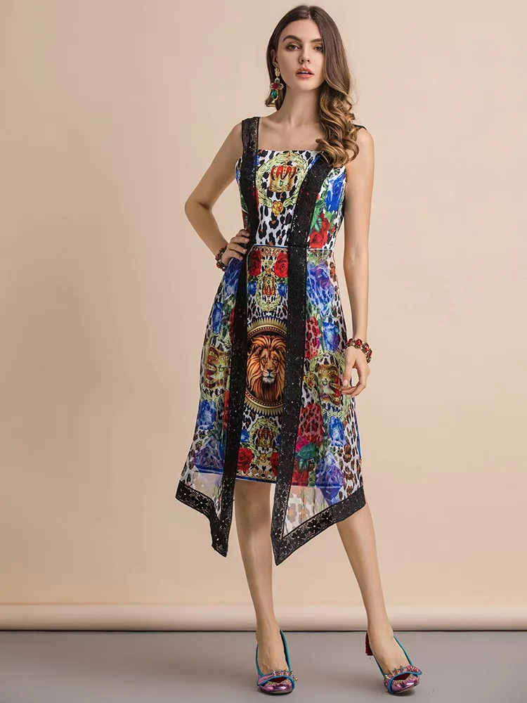 Женское платье с подолом внахлест LD LINDA DELLA, подиумное кружевное платье с открытой спиной и анималистичным принтом, на бретелях, лето - Цвет: Многоцветный