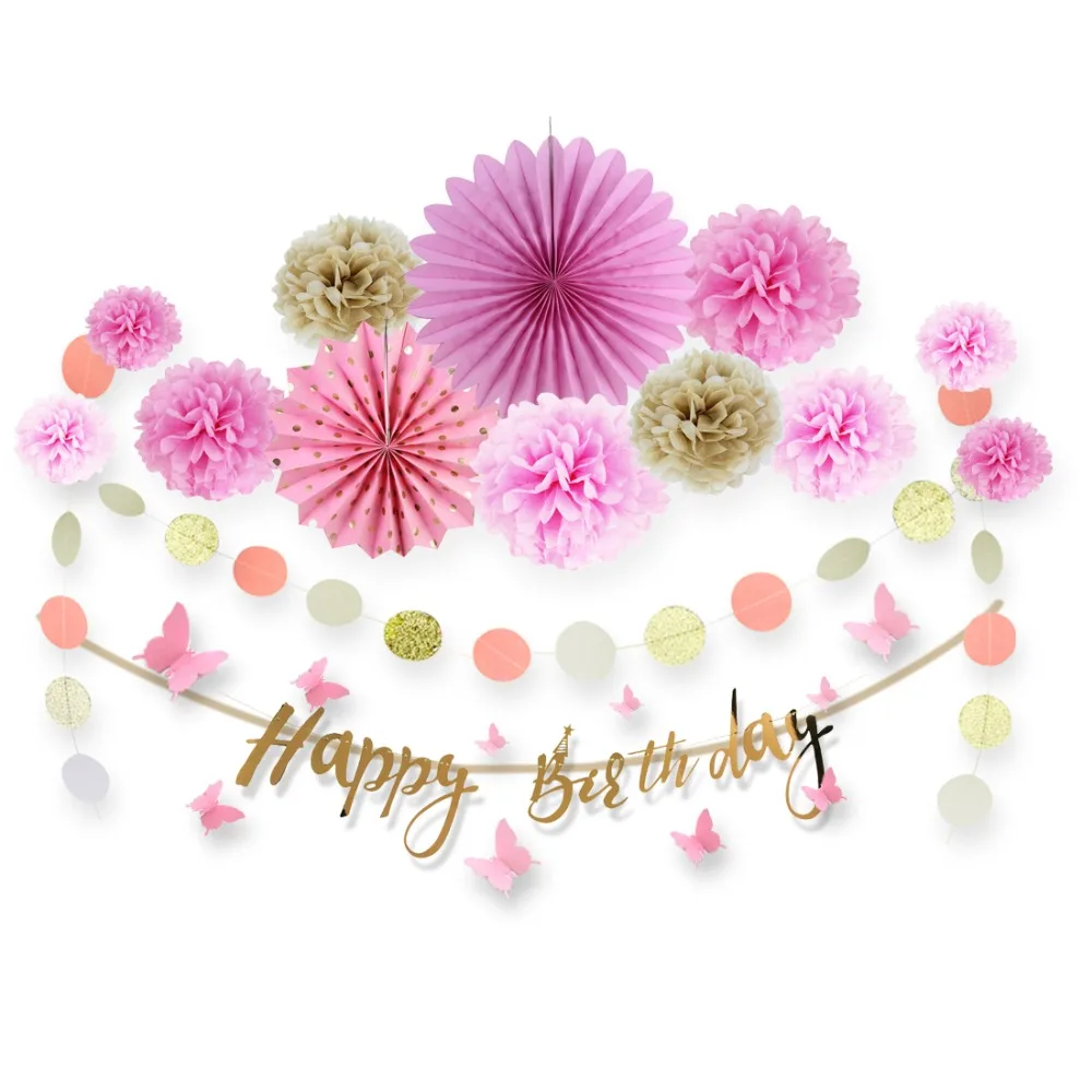

Set of 15 Girl Birthday Party Decorations Set Happy Birthday Banner Paper Flowers Craft Decorative Garland Butterfly Wall Decor