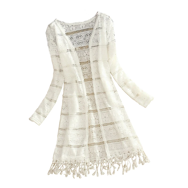 Ideal  Women Slim Thin Lace Jakcet Chaqueta Mujer New 2019 Summer Long Sleeve Hollowing Tassels Medium Lon
