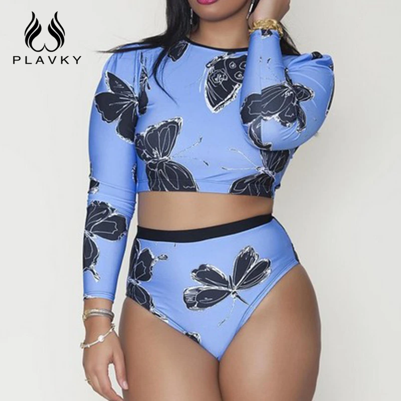 

2019 Sexy Long Sleeve Crop Butterfly Rash Guard Bathing Suit Female High Wasit Swimsuit Plus Large Size Swimwear Women Bikini