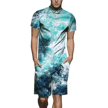

Summer Men's Rompers Blue Wave Print 3D Male Cargo Romper One Piece Jumpsuit Button Short Sleeve Overalls With Pocket TS-489