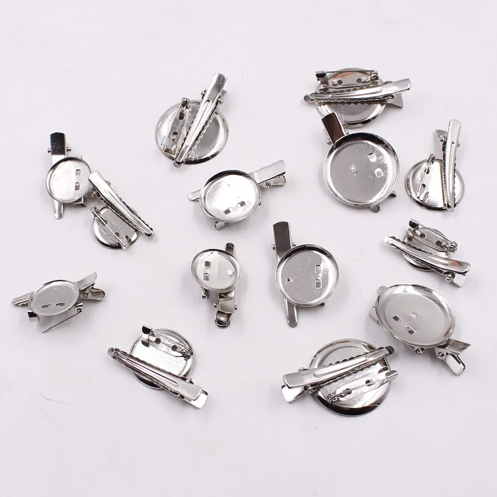 

5 pcs / lot 19mm 23mm 29mm Rhodium Silver Filigree Brooch Round Cabochon Tray Base Blank With Rear Lock Pin & Clip