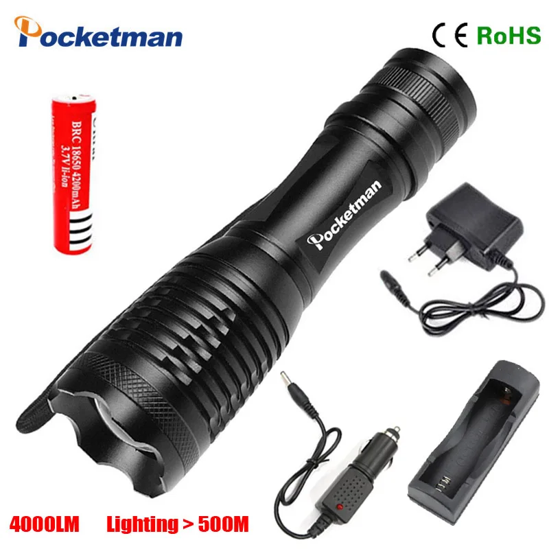

zk50 LED flashlight Focus lamp LED torch e17 XM-L T6 4000 Lumens Zoomable lights + AC/Car Charger + 18650 battery