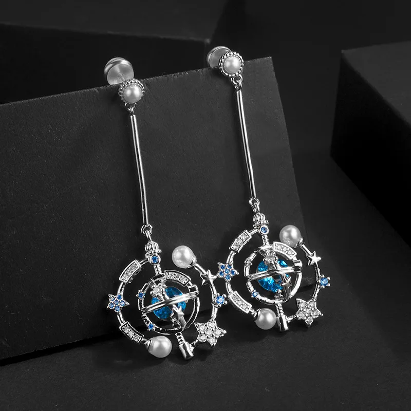 

Stylish creative long inlay blue zircon earrings, geometric shape zirconia earrings