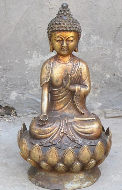 

Shipping 12"Chinese plain Bronze gilded saber-toothed lotus platform Amitabha Buddha Statue Statue