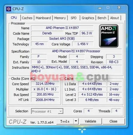 AMD Phenom II X4 B97 CPU/HDXB97WFK4DGM/AM2+&AM3/938pin/3.2G/95W/6M cpus