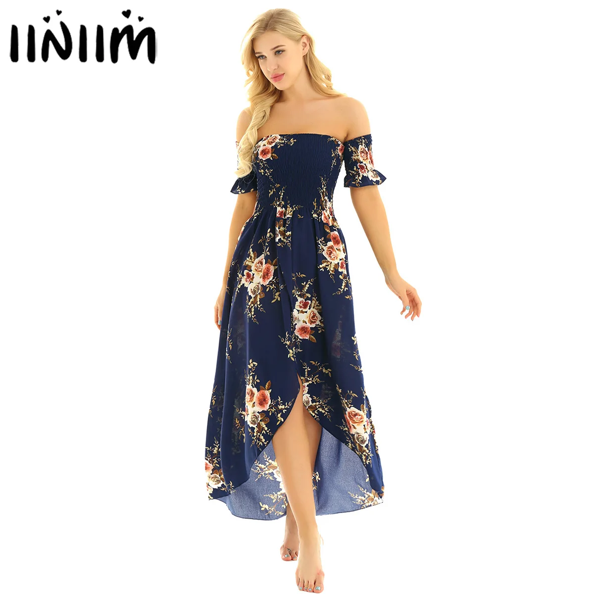 

iiniim Womens Floral Print Off Shoulder Cocktail Party Dress Asymmetrical Split Maxi Sundress Chiffon Boho Summer Beach Dresses