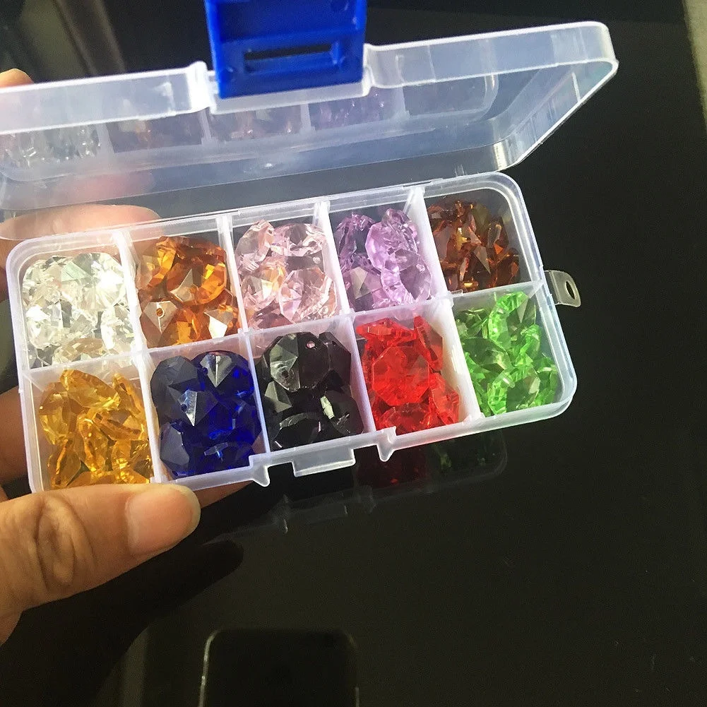 

100Pc Rainbow Multicolor 14MM Octagon Crystal Prism Glass Bead DIY Charm Spacer Home Decor Ornament Chandelier with Hard Box