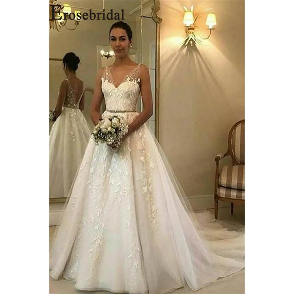 

Erosebridal New Arrival Open Back Wedding Dresses 2019 Cheap Summer Wedding Gowns V-Neck Women Bridal Dress Appliques Dress Gown