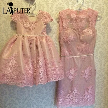 

Real Picture O-neck Sheath Knee Length Sleeveless Lace Appliques Sashes Mother and Daughter Pink Lace Evening Prom Dresses 2017