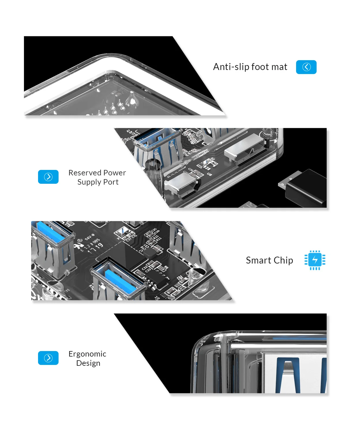 ORICO прозрачный usb-хаб 4 порта USB3.0 адаптер сплиттер поддержка внешний блок питания Micro USB для настольных ноутбуков Аксессуары