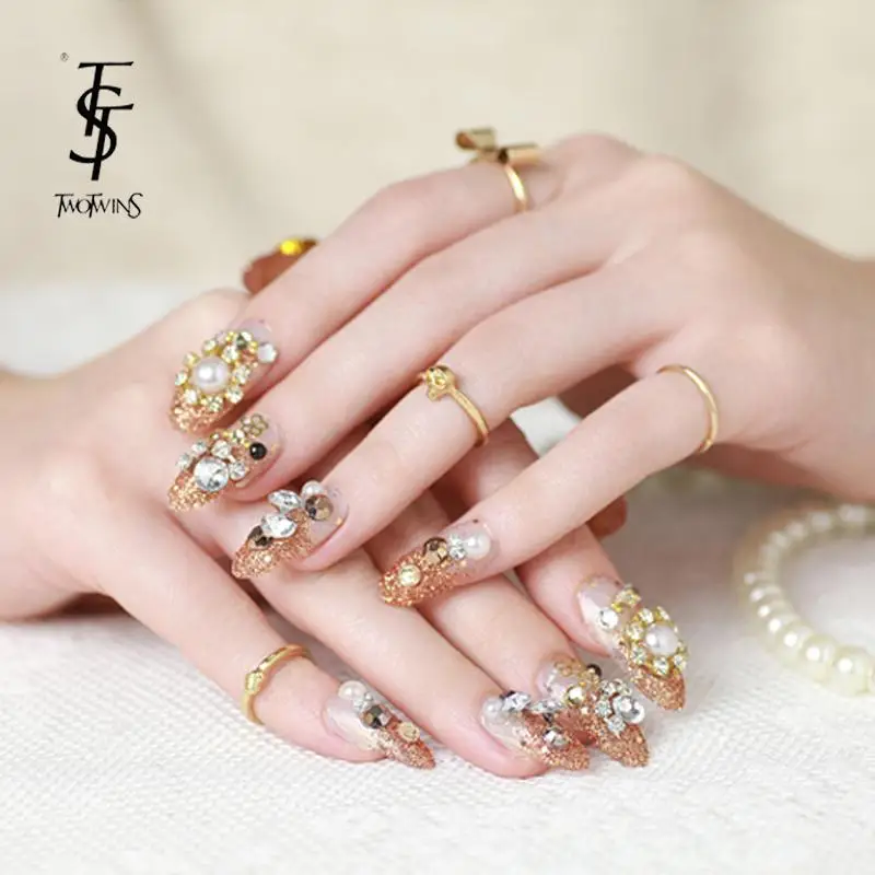 New Fashion Luxury Diamond Fake Nails Extension Gold False New Fashion Luxury Diamond Fake Nails Extension Gold False Tips Shining Powder Design French Bride 24pcs Pack In From Beauty