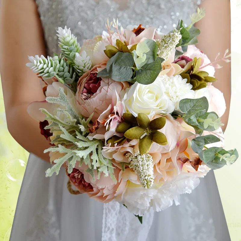 JaneVini 2018 Европейский Стиль Искусственные Свадебные цветы Букеты для невесты кристалл пион кружевная брошь букет De Mariage 7 цветов