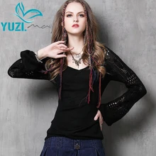 Yuzi осень винтажный хлопок шерсть пуловеры с v-образным вырезом рукав-фонарь без тары эластичный женщины пуловер B9537 свитер Feminino