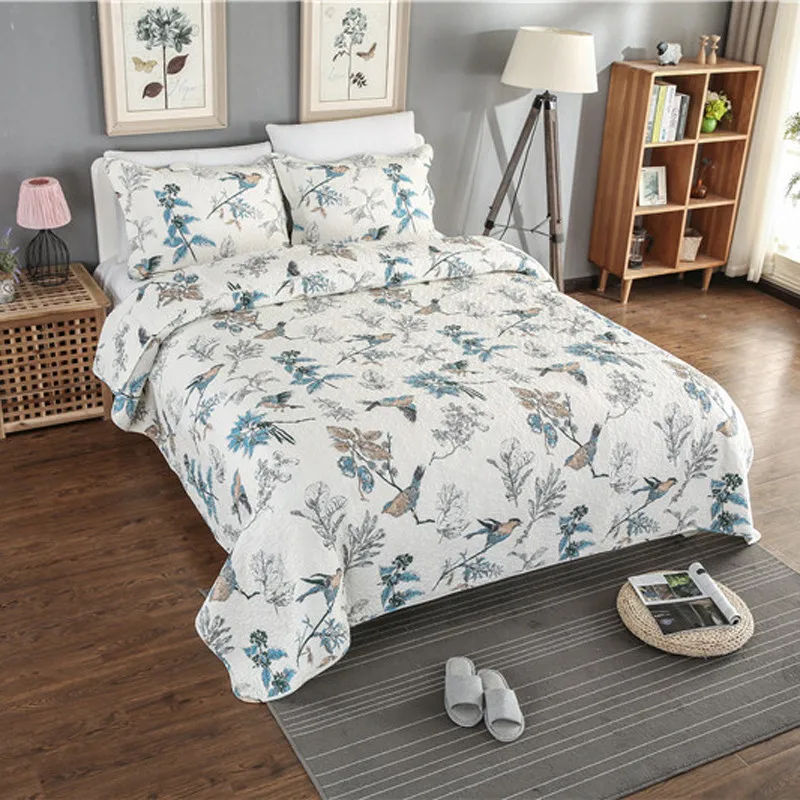 100%Cotton Soft Quilted Set 3Pieces Queen Size Bedspread Reversible Leaves Birds Paisley printed Chic Bedspread Coverlet Set