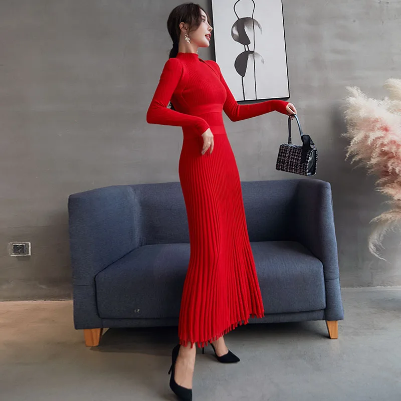 Winter autumn high quality Women Long Knitted Dress Sexy vestidos Back Slim Sweater Dress Fit And Flare Thicken Warm Dress