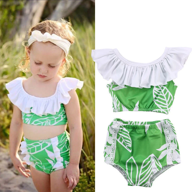 Детский раздельное бикини с открытыми плечами и листьями лотоса для девочек, купальный костюм, купальный костюм, купальник купальное трикини для детей