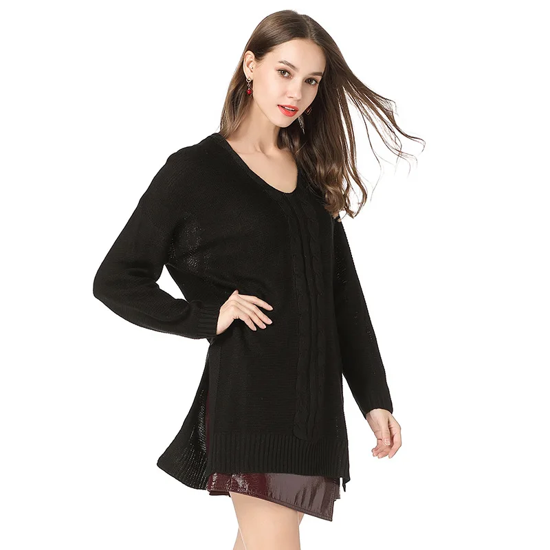 Women Knitted Sweater Pullovers V Neck Long Sleeves Ladies Split Hem Outwear 2018 Autumn Winter NEW Fashion Long Female Sweaters Women Knitted Sweater Pullovers V Neck Long Sleeves Ladies Split Hem Outwear 2018 Autumn Winter NEW Fashion Long Female Sweaters