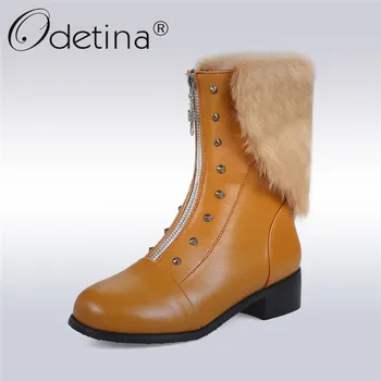 

Odetina New Fashion Women Rivet Front Zipper Chunky Heel Ankle Boots Faux Fur Short Boots Autumn Winter Shoes Big Size 46